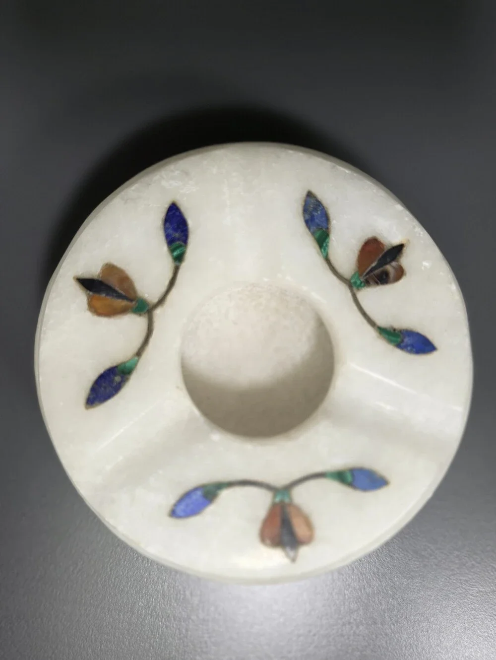 Indian Marble Pietra Dura Floral Inlay Ashtray Trinket Dish Candle Holder
